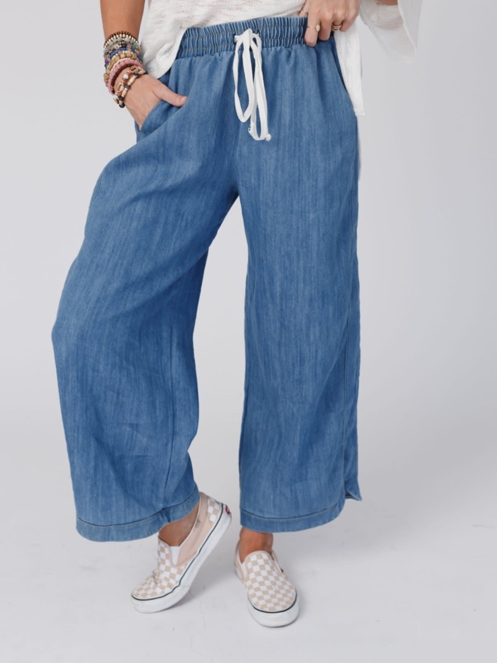 Three Bird Nest Medium Blue Wide-Leg Chambray Drawstring Pants